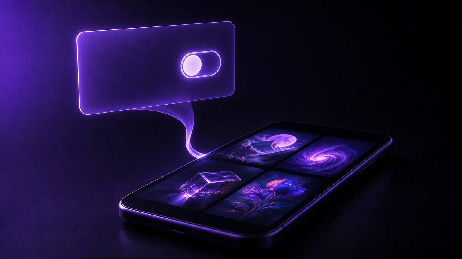 Тёмная сцена: смартфон с сеткой сгенерированных картинок и парящая фиолетовая карточка подписки с выключенным переключателем