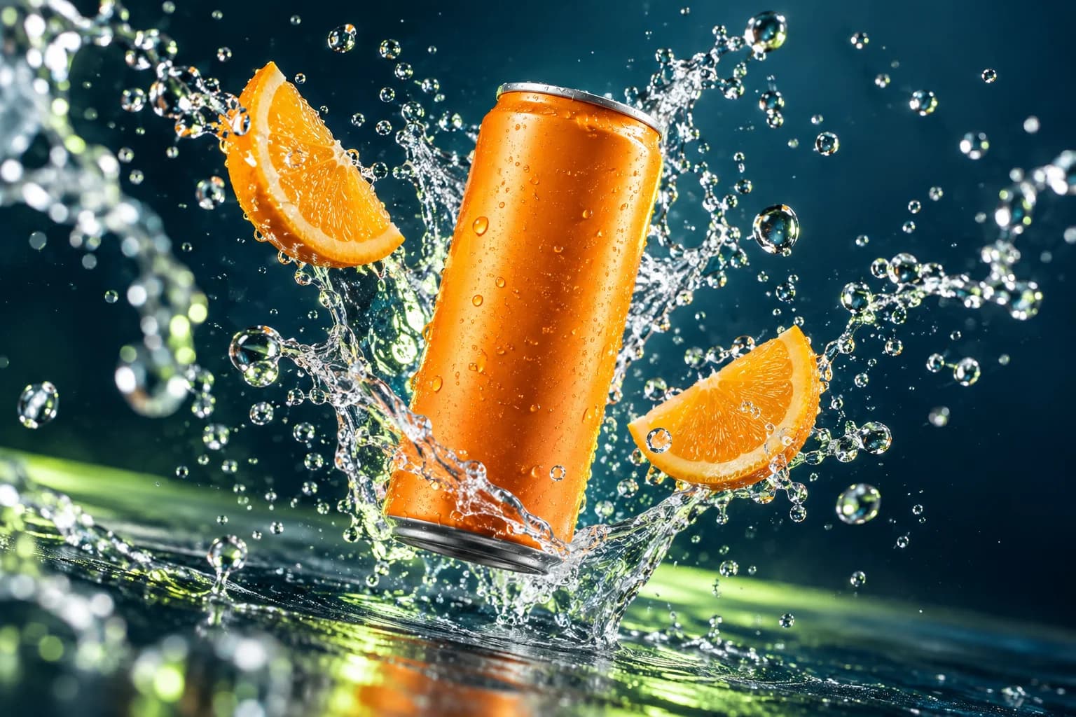 Оранжевая банка напитка среди брызг воды и долек апельсина на синем фоне