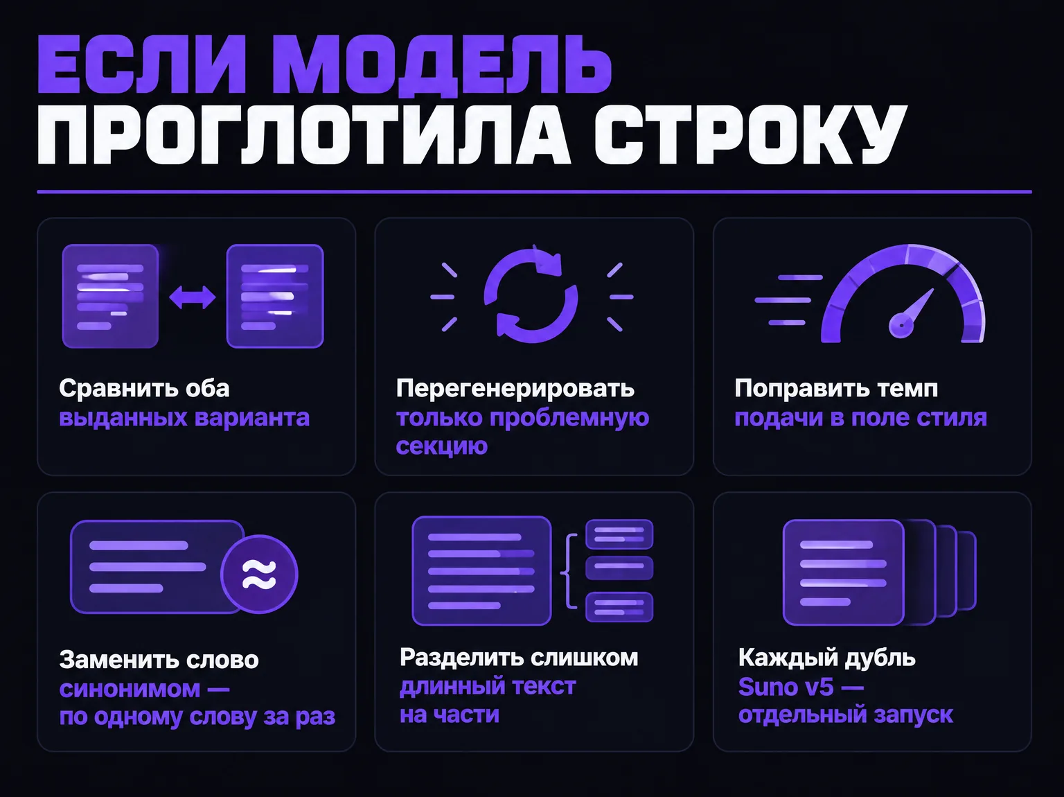 Инфографика из шести шагов на случай, когда модель проглотила строку: сравнить оба варианта, перегенерировать секцию, поправить темп, заменить слово, разделить длинный текст, помнить, что каждый дубль — отдельный запуск