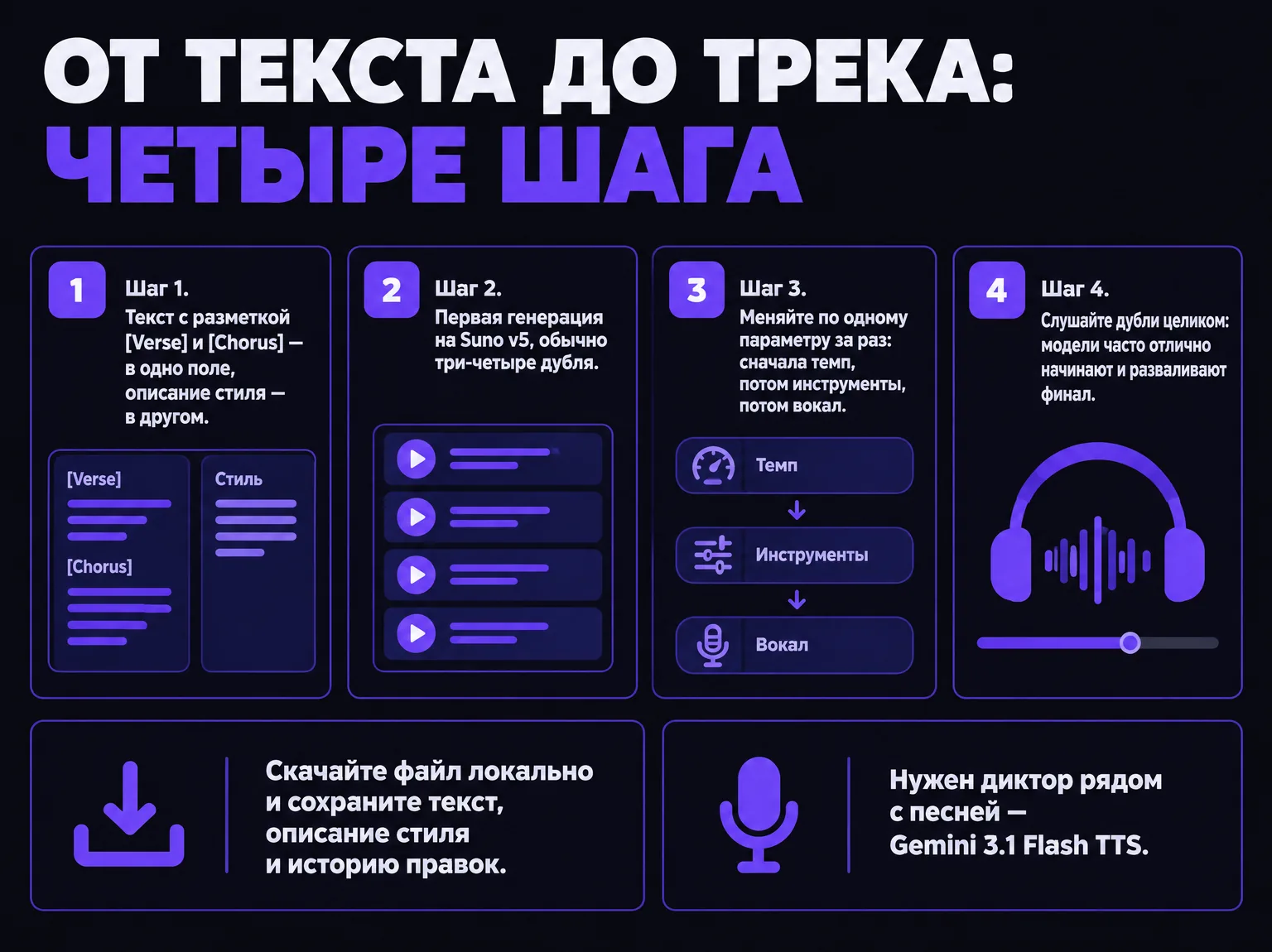 Инфографика из четырёх шагов создания трека: заполнение полей текста и стиля, первая генерация на Suno v5, изменение по одному параметру, прослушивание дублей целиком и сохранение файла