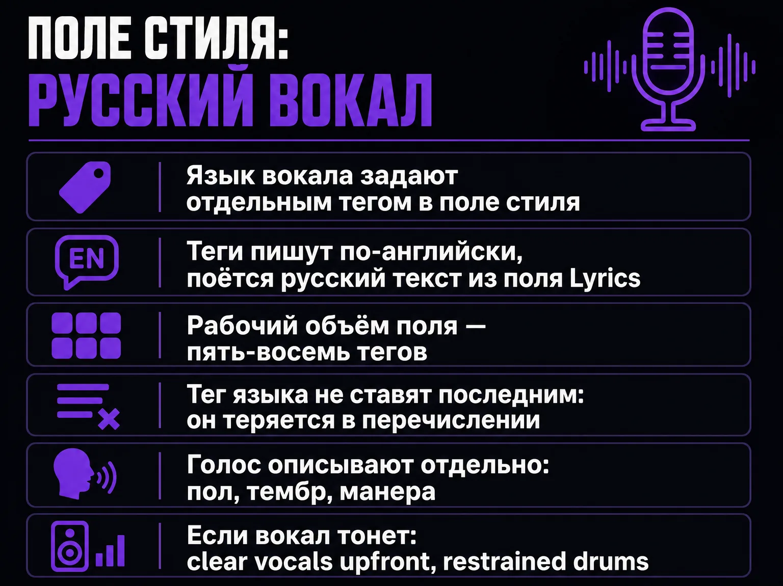 Инфографика: шесть правил заполнения поля стиля для русского вокала в Suno