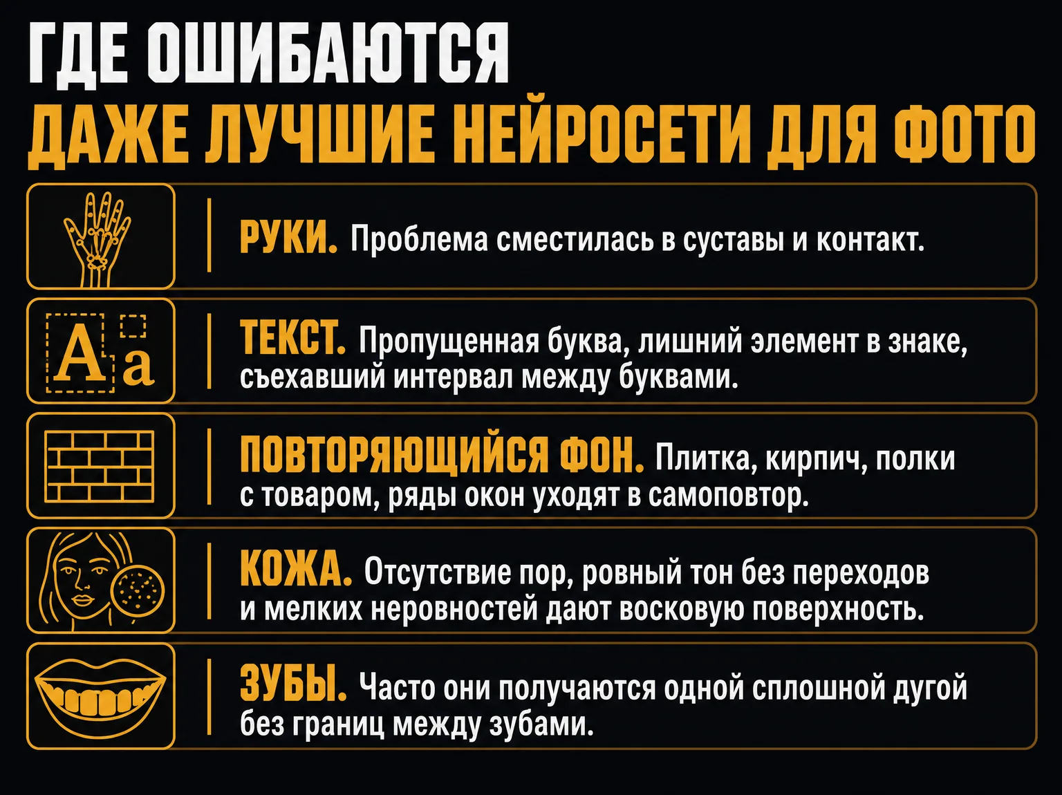 Инфографика: пять мест, где ошибаются нейросети для фото — руки, текст, повторяющийся фон, кожа и зубы