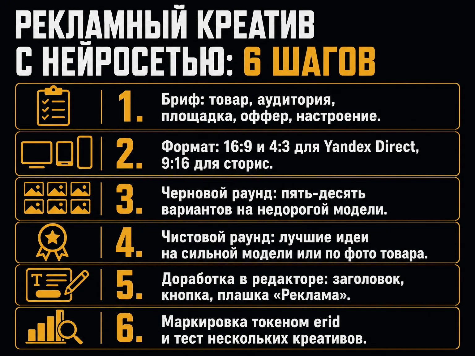 Инфографика: шесть шагов создания рекламного креатива с нейросетью — от брифа до маркировки и теста