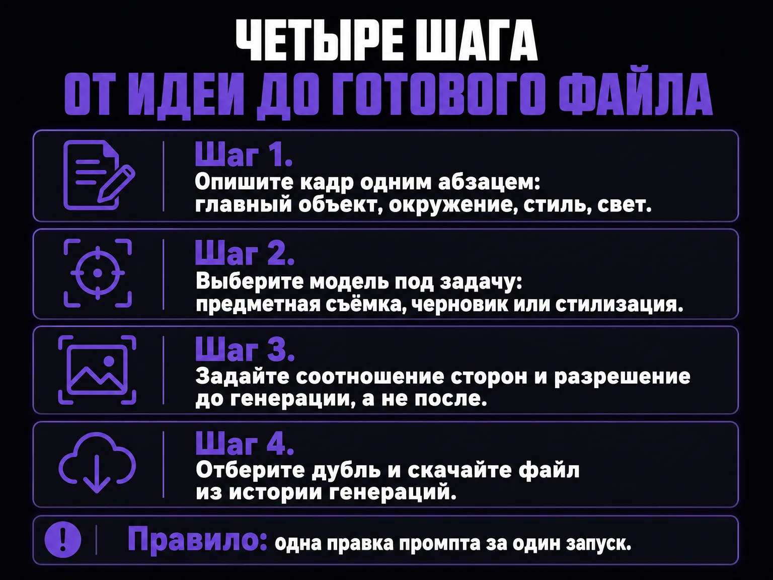 Инфографика с четырьмя шагами: описать кадр, выбрать модель, задать формат и разрешение, отобрать дубль и скачать файл