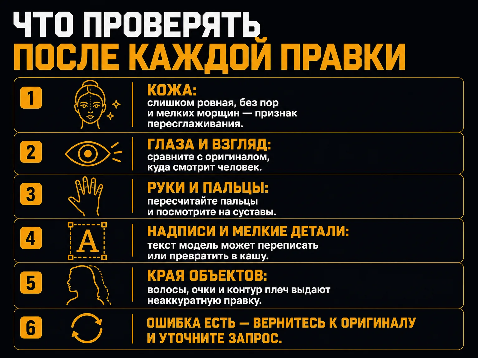 Инфографика-чек-лист: что проверять после правки нейросетью — кожу, взгляд, руки и пальцы, надписи, края объектов; при ошибке вернуться к оригиналу
