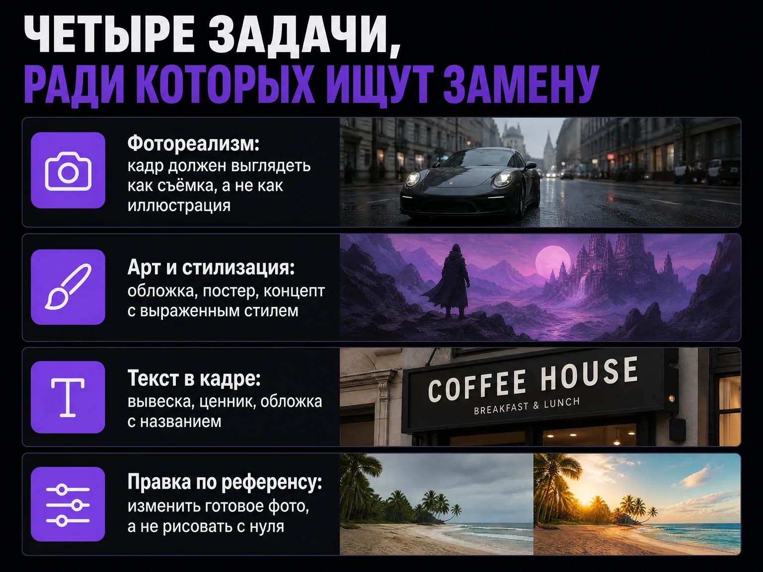 Инфографика: четыре задачи, ради которых ищут замену Midjourney — фотореализм, арт, текст в кадре, правка по референсу