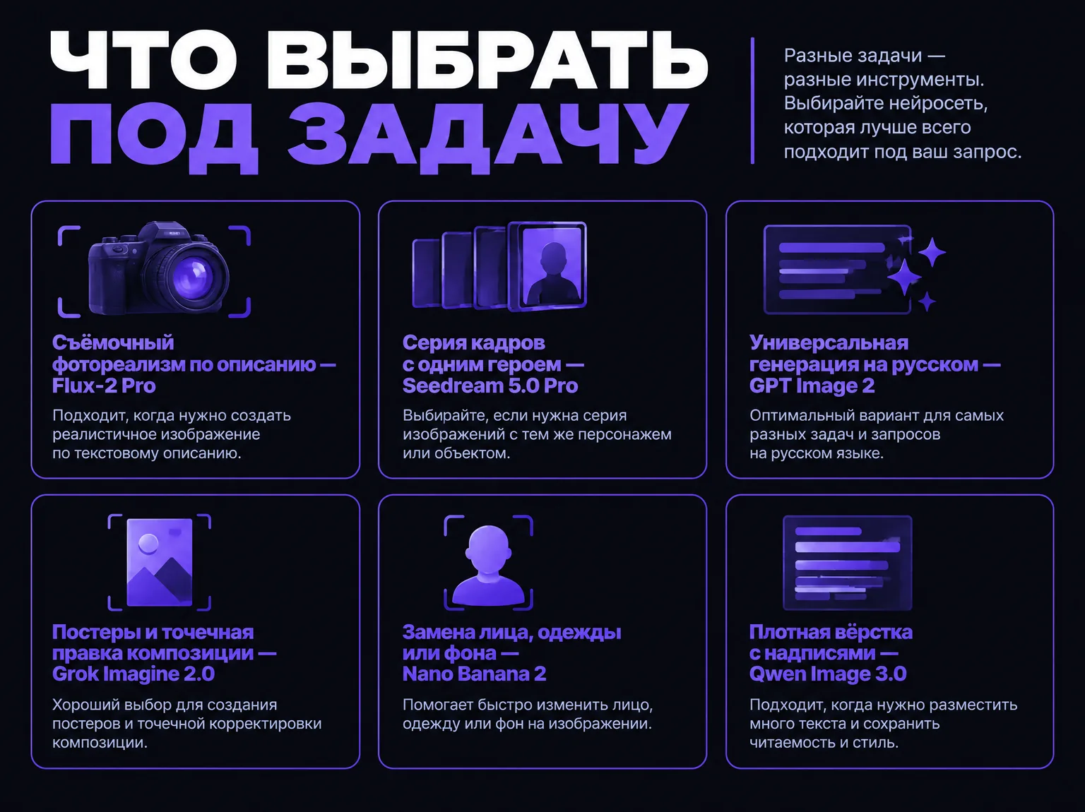 Инфографика: какую модель каталога выбрать под задачу — фотореализм, серия кадров, русский промпт, постеры, замена лица, вёрстка с надписями