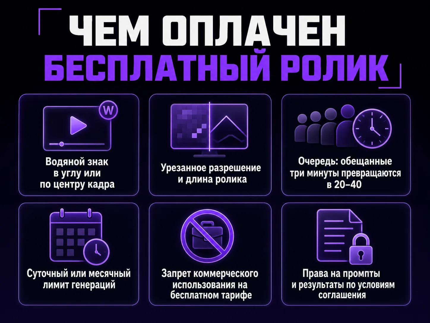 Список платы за пробный ролик: водяной знак, урезанное качество, очередь 20–40 минут, лимит генераций, запрет коммерции, права на результат